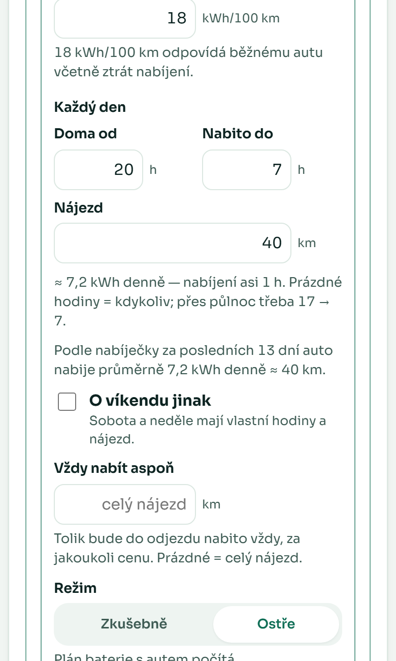 Výkon, spotřeba auta, doma od, nabito do, nájezd, o víkendu jinak