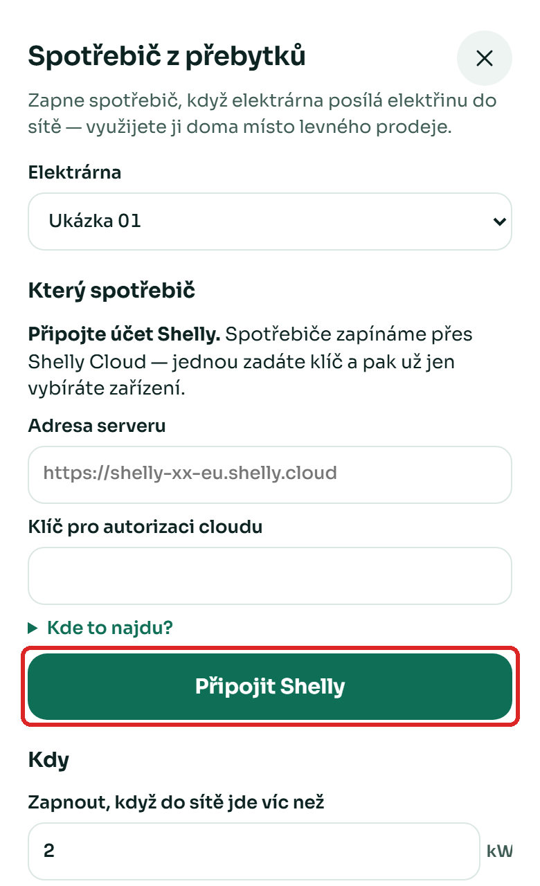Spotřebič z přebytků: připojení Shelly a podmínka