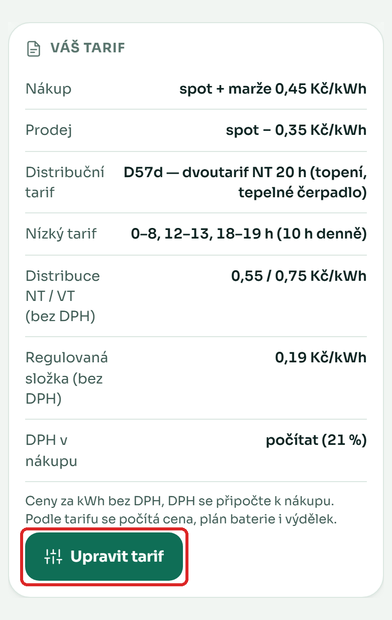 Karta Váš tarif s tlačítkem Upravit tarif