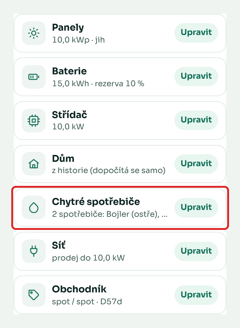 Řádek Chytré spotřebiče v nastavení elektrárny