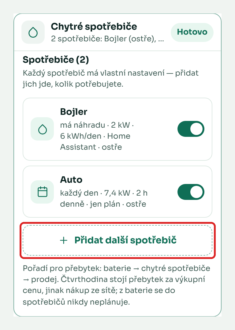 Seznam spotřebičů a tlačítko Přidat další spotřebič