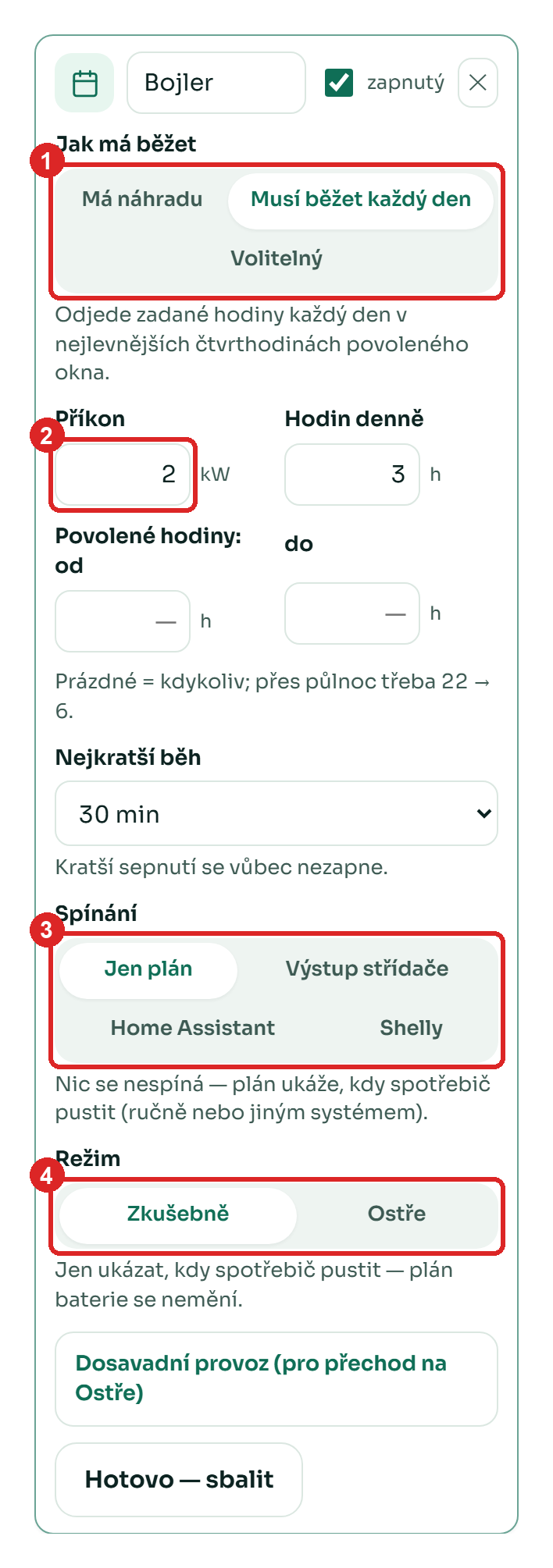 Nastavení spotřebiče s očíslovanými poli