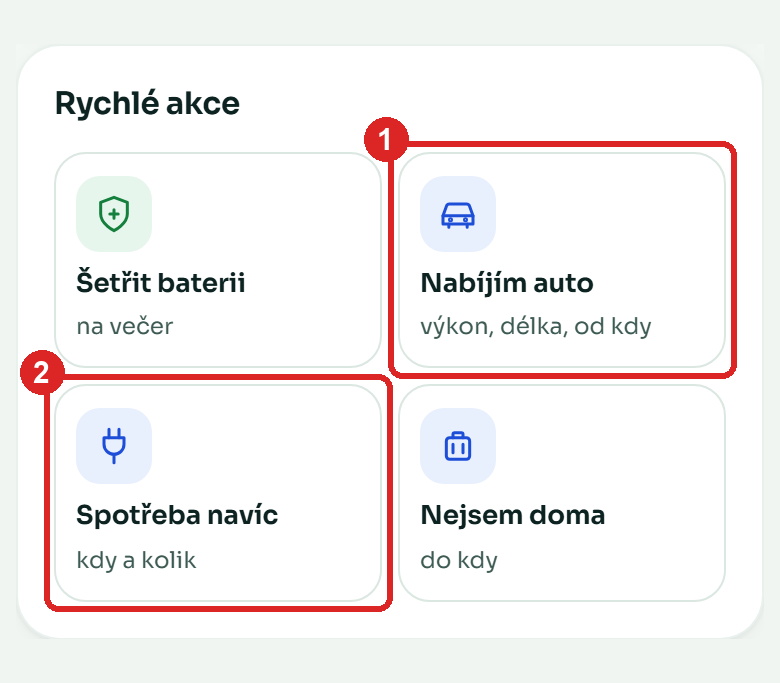 Rychlé akce na obrazovce Domů