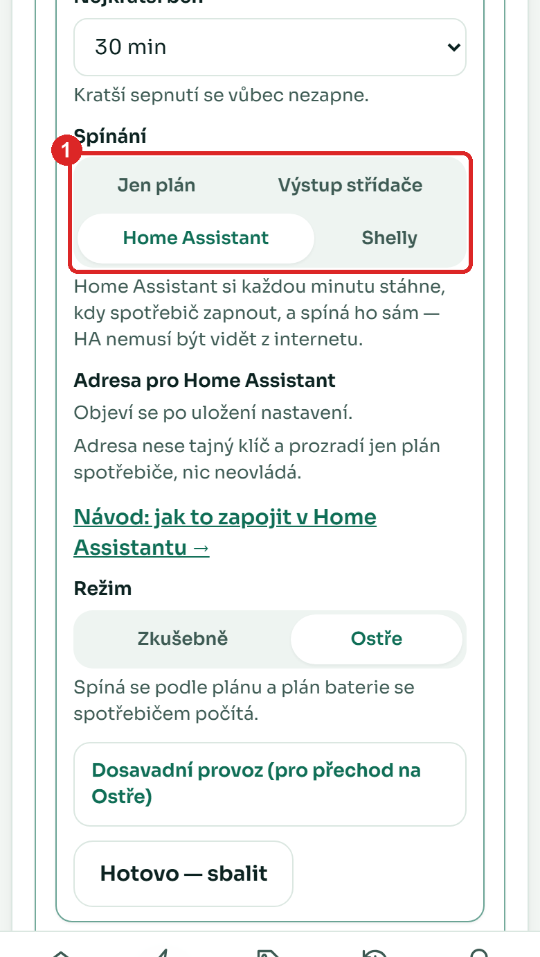 Spínání Home Assistant a adresa pro Home Assistant v nastavení spotřebiče