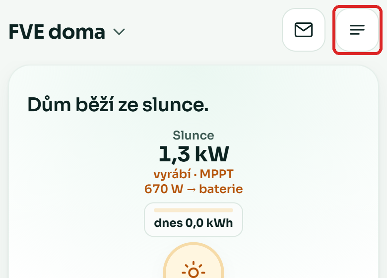 Obrazovka Domů, tlačítko menu vpravo nahoře