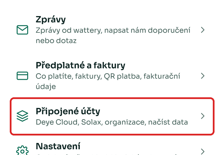 Menu s položkou Připojené účty