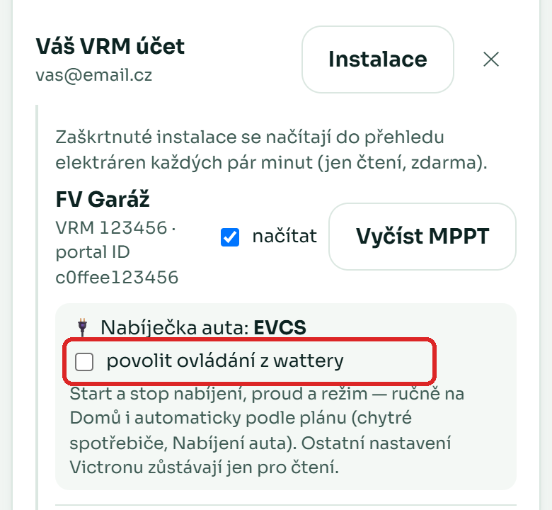 Zaškrtávátko povolit ovládání z wattery