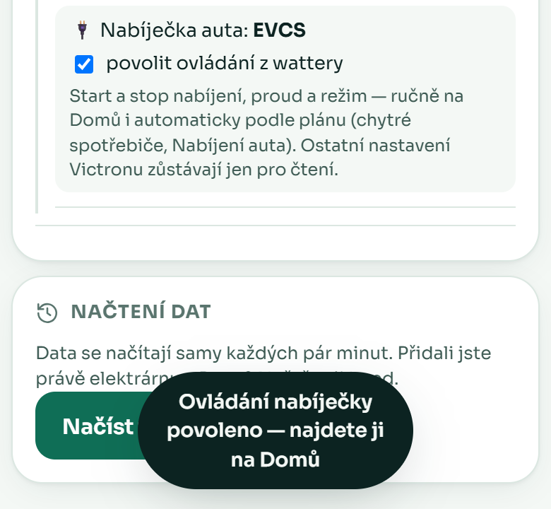 Ovládání nabíječky povoleno