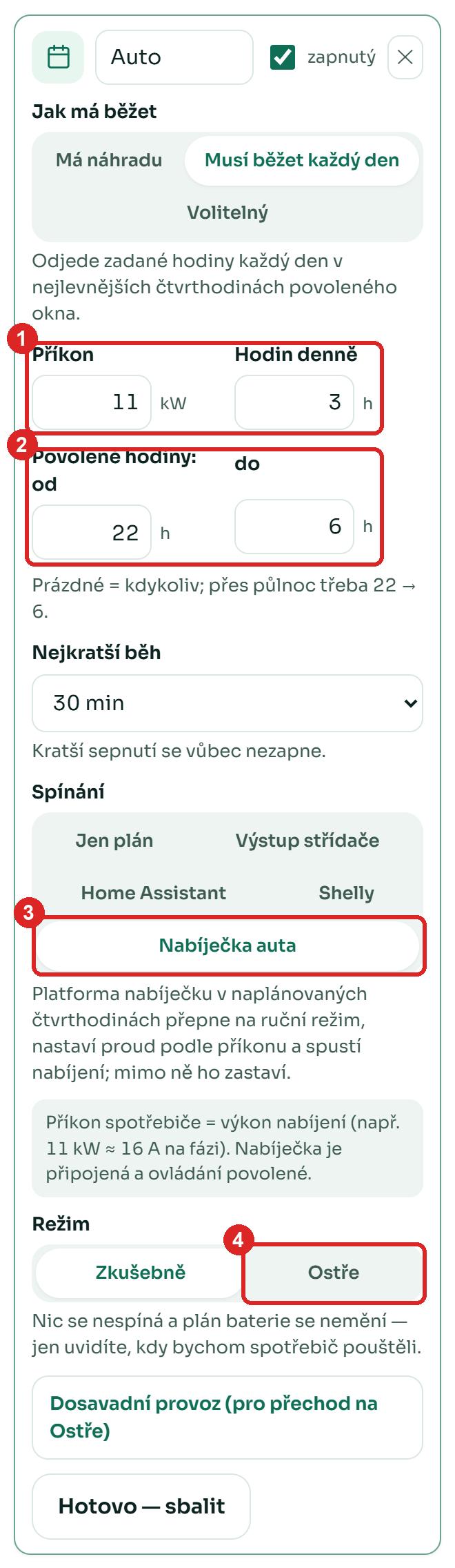 Nastavení spotřebiče Auto se spínáním přes nabíječku