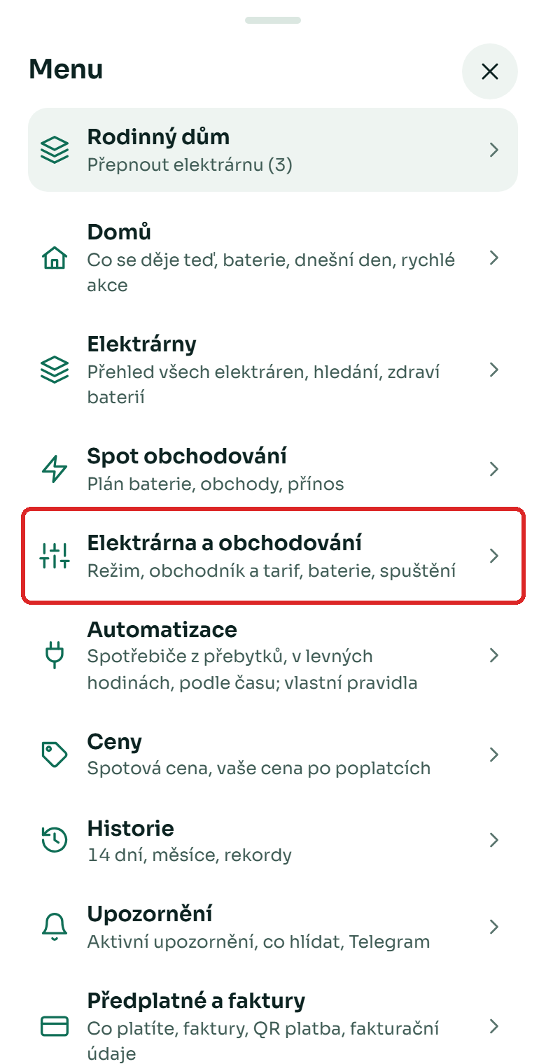 Menu s položkou Elektrárna a obchodování