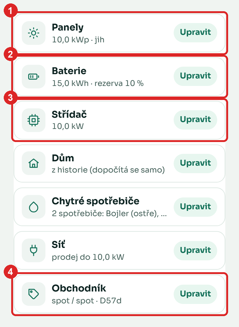 Seznam částí elektrárny s tlačítky Upravit