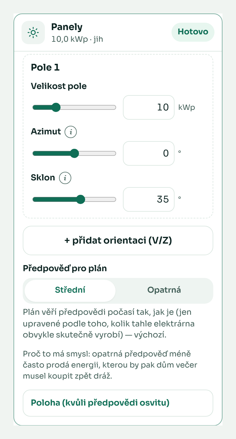 Panely: velikost pole, azimut, sklon