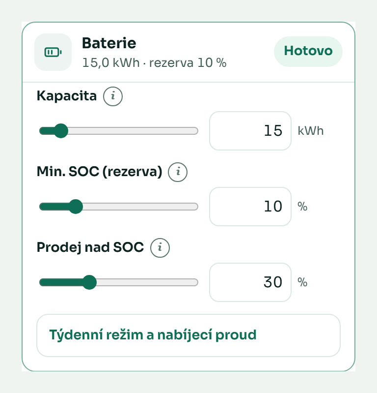 Baterie: kapacita, minimální SOC, prodej nad SOC