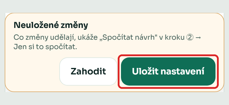 Lišta Neuložené změny s tlačítkem Uložit nastavení