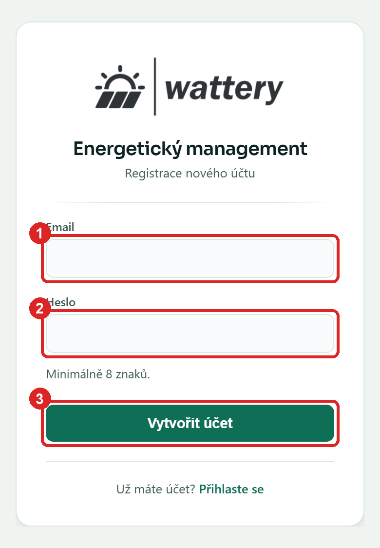 Registrace: e-mail, heslo a tlačítko Vytvořit účet