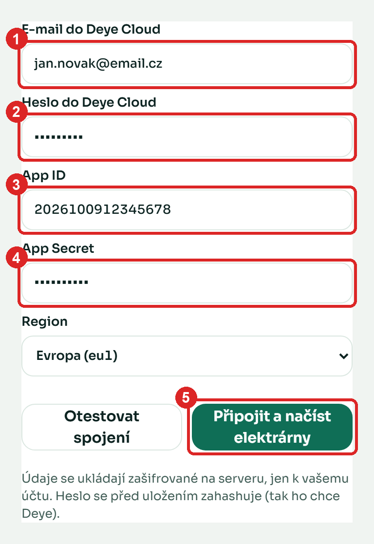 Formulář Připojte svůj Deye Cloud s očíslovanými poli