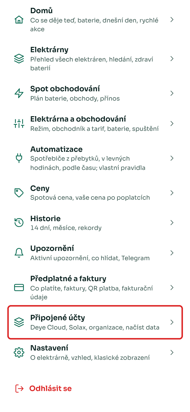 Menu s položkou Připojené účty