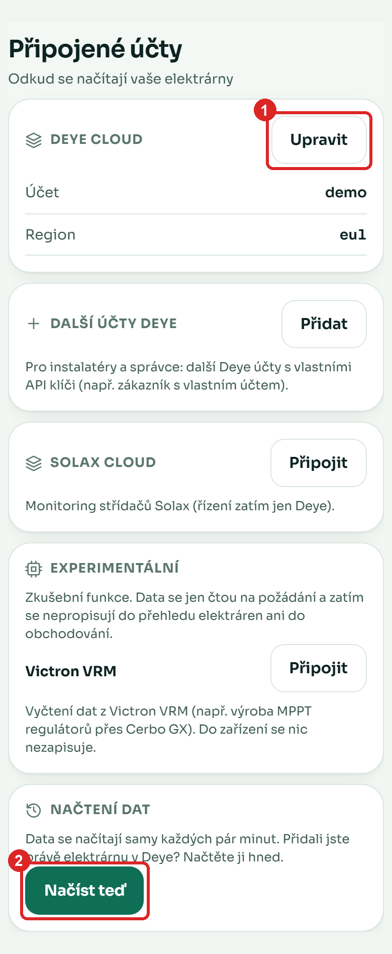 Připojené účty: Deye Cloud a Načtení dat