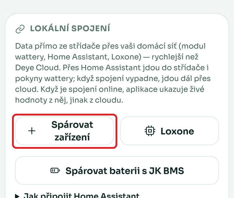 Karta Lokální spojení s tlačítkem Spárovat zařízení