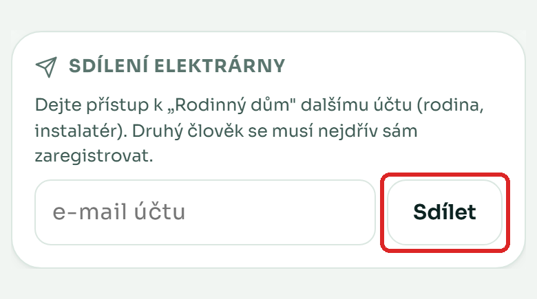 Karta Sdílení elektrárny: e-mail účtu a tlačítko Sdílet