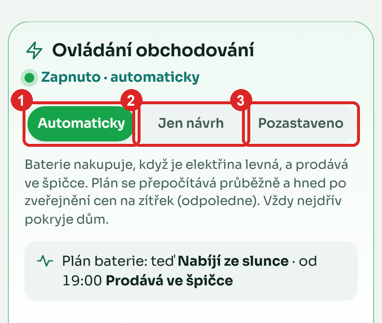 Ovládání obchodování: Automaticky, Jen návrh, Pozastaveno