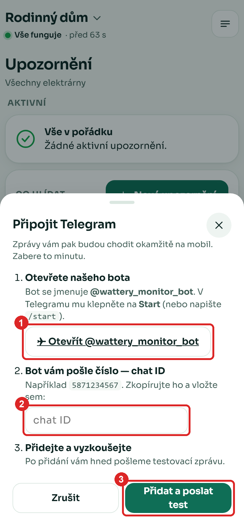 Připojit Telegram: otevřít bota, chat ID, přidat a poslat test