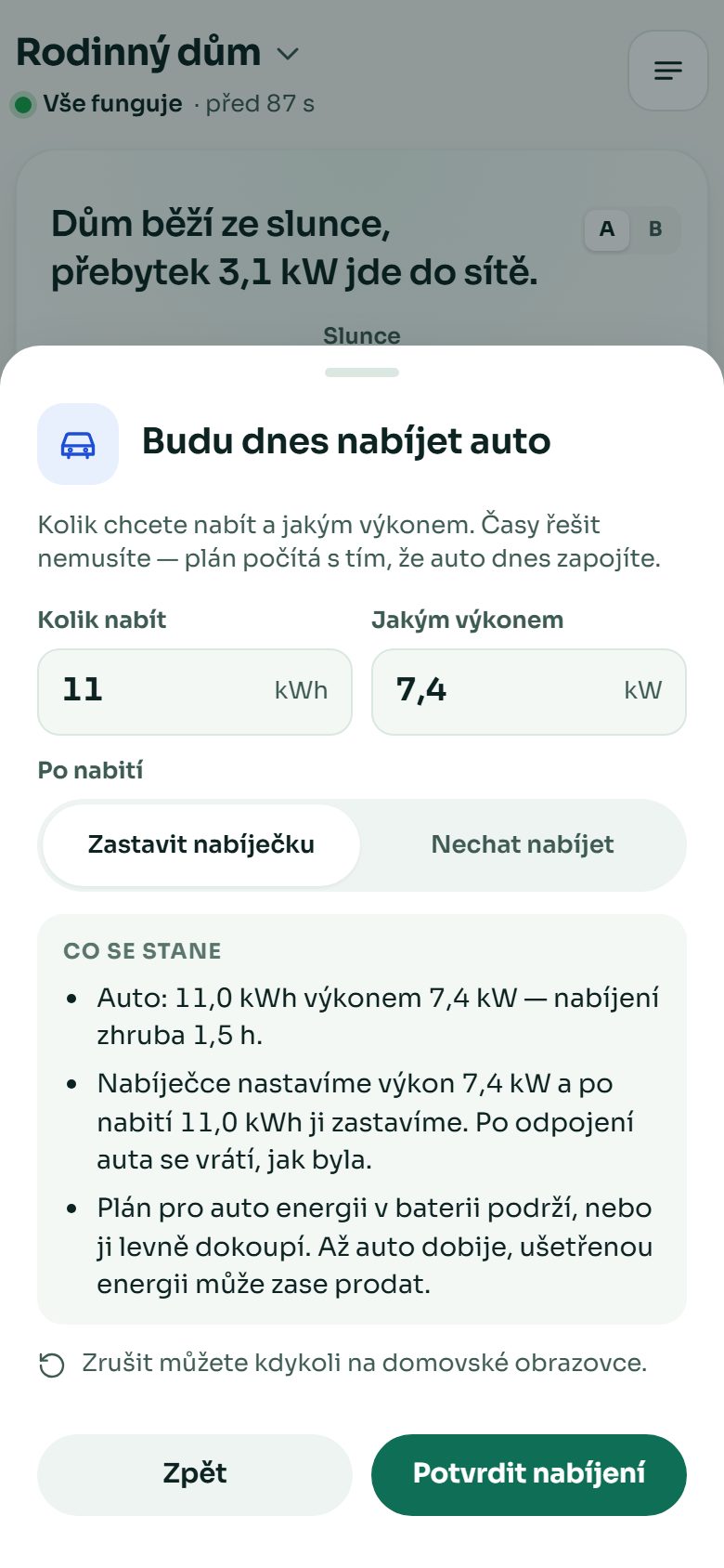 Budu dnes nabíjet auto: 11 kWh výkonem 7,4 kW, po nabití zastavit nabíječku a co se stane