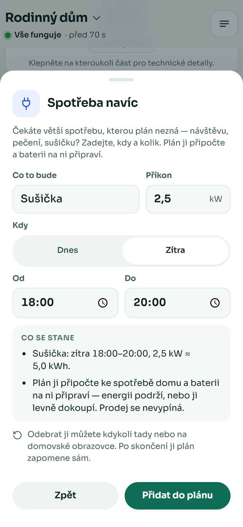 Formulář Spotřeba navíc: sušička 2,5 kW zítra 18:00–20:00 a co se stane
