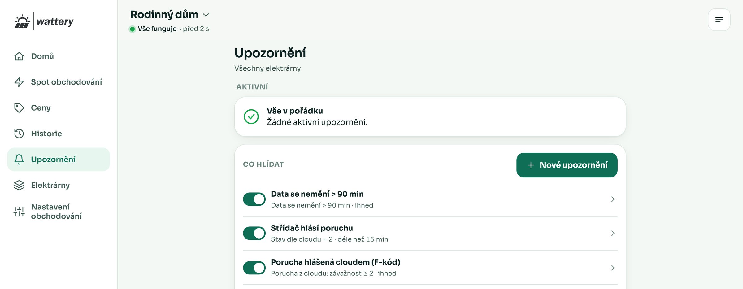 Upozornění: vše v pořádku a seznam hlídaných poruch
